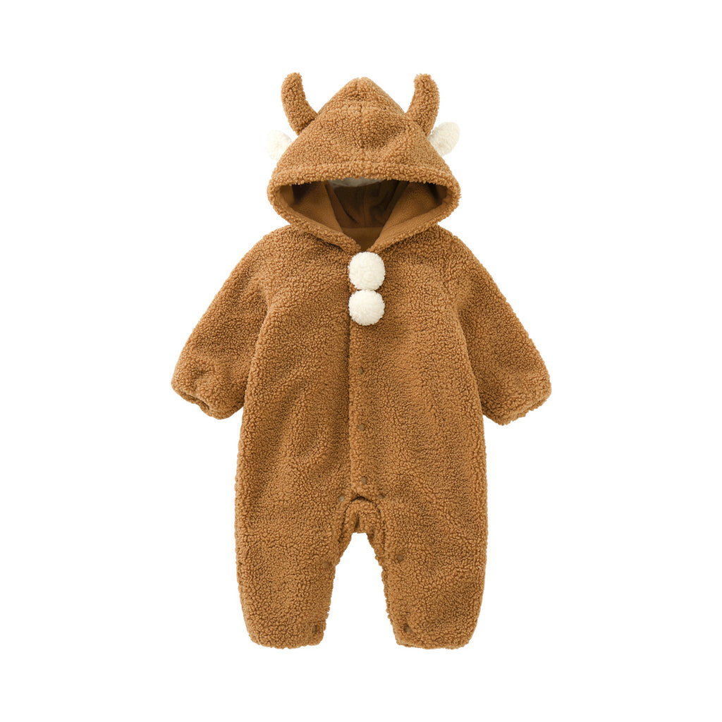 Newborn Baby Boys' Cute Fashionable Bear Embroidery Round Neck Long Sleeve Fleece  Jumpsuit With Hat, Autumn & Winter | SHEIN